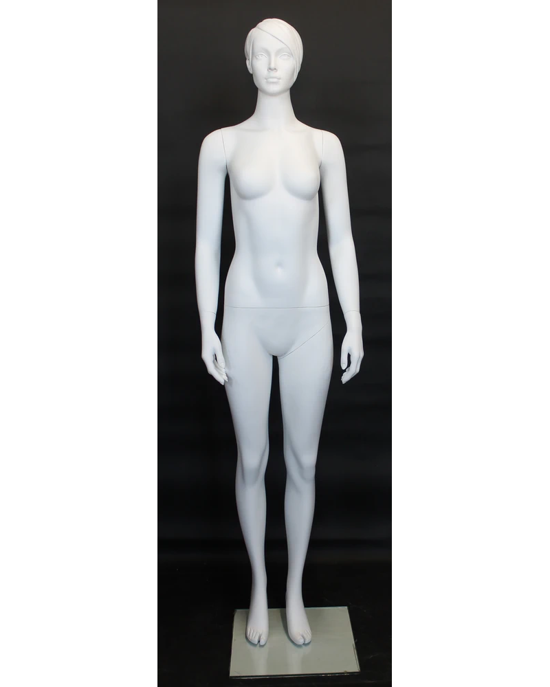 Featured-face female mannequin with molded hair in matte white, SFW10-WT