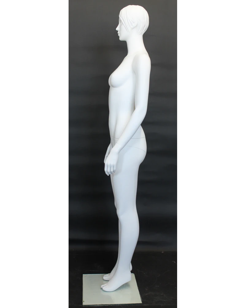 Featured-face female mannequin with molded hair in matte white, SFW10-WT