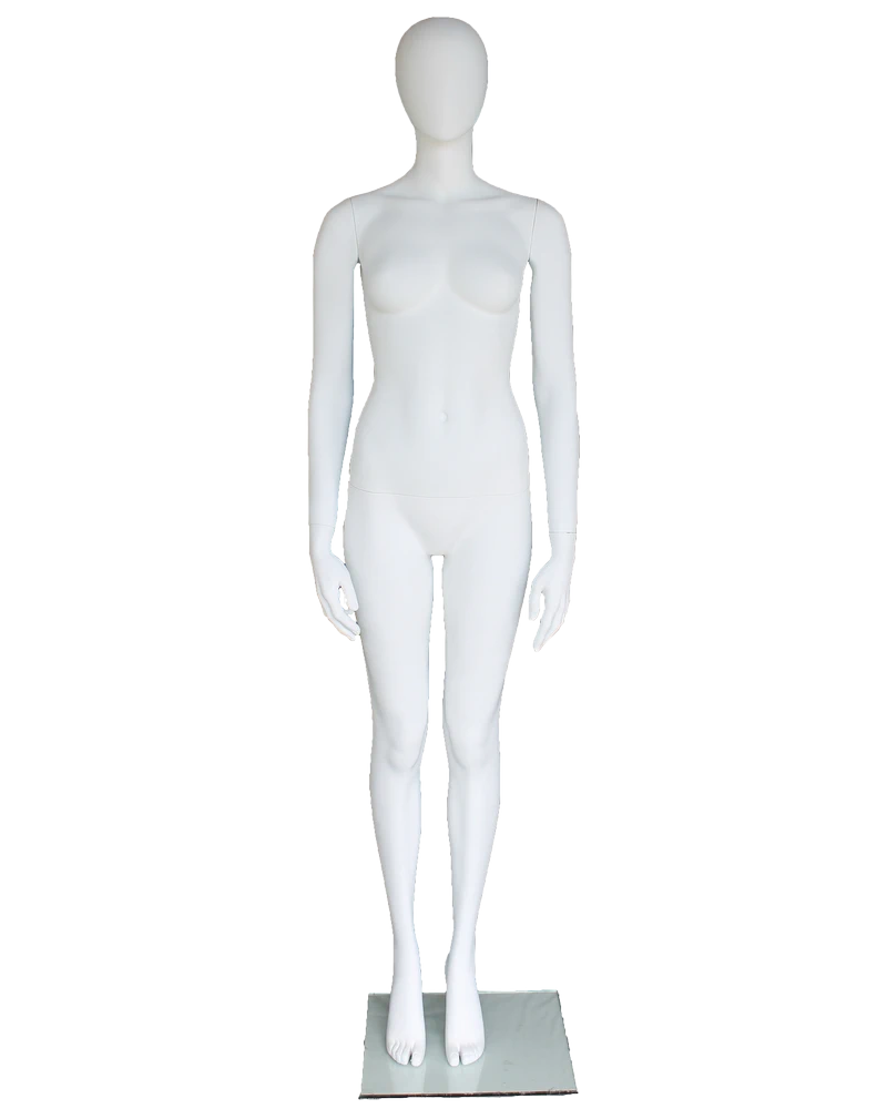 Feet-together egghead female mannequin in matte white, front view