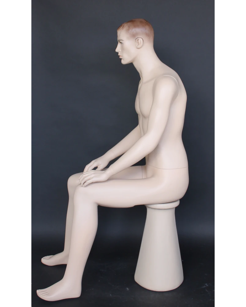 Seated realistic male mannequin with face makeup in flesh tone, SFM74-FT