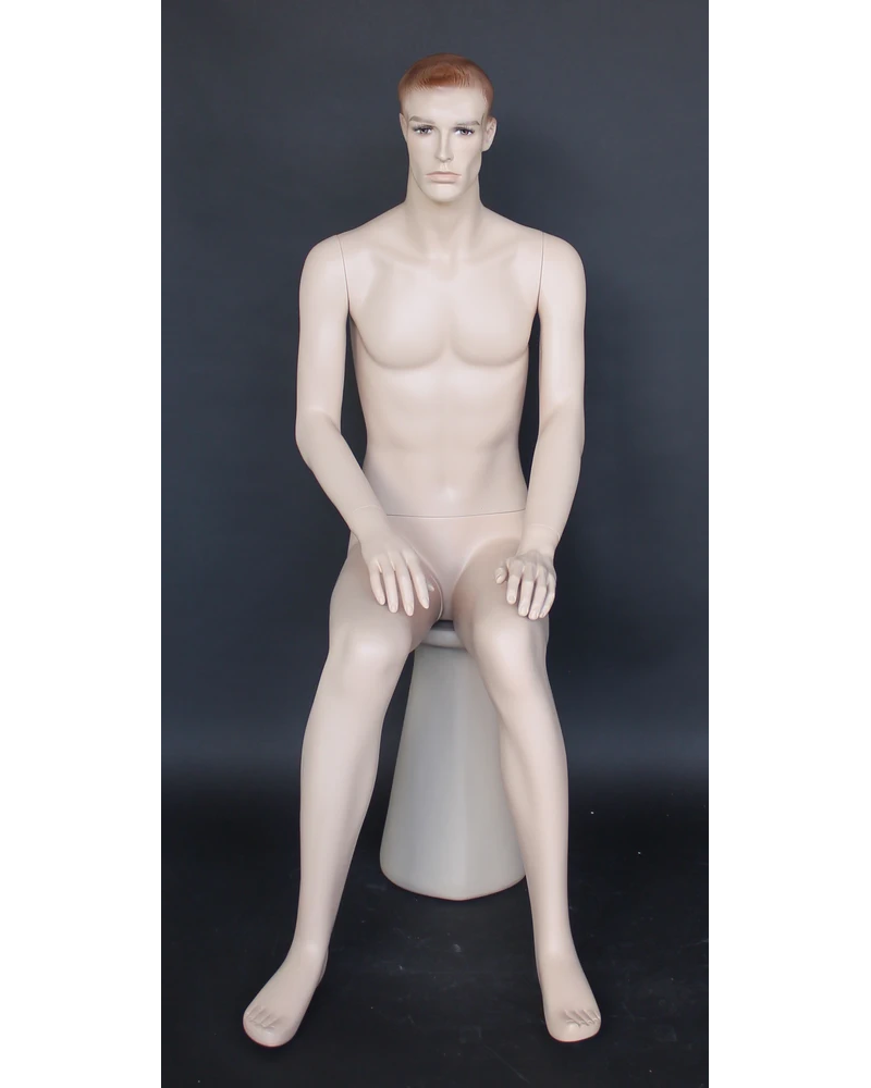 Seated realistic male mannequin with face makeup in flesh tone, SFM74-FT