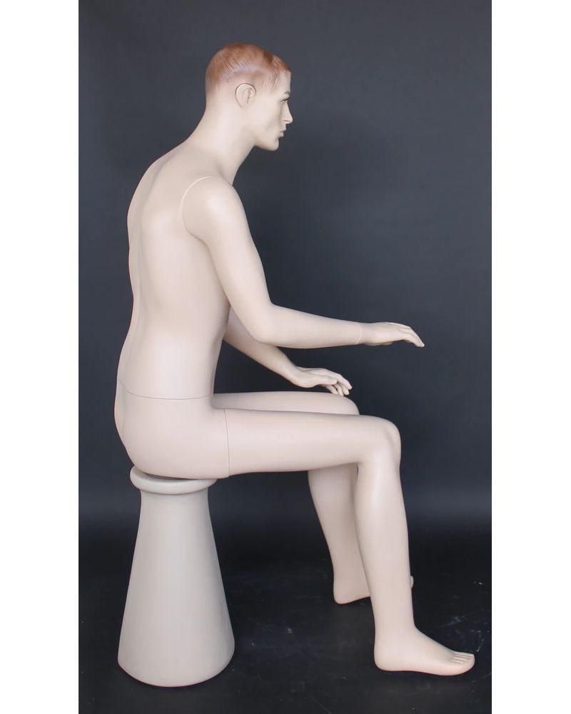 Seated realistic male mannequin with face makeup in flesh tone, SFM74-FT