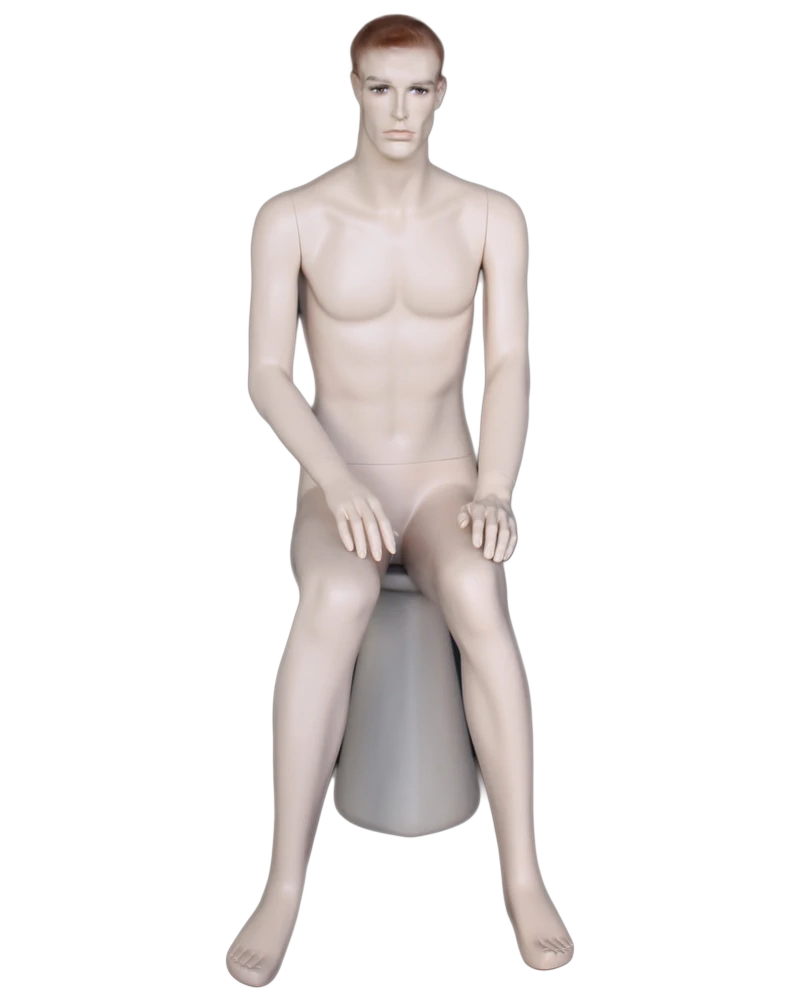 Seated realistic male mannequin with face makeup in flesh tone, SFM74-FT