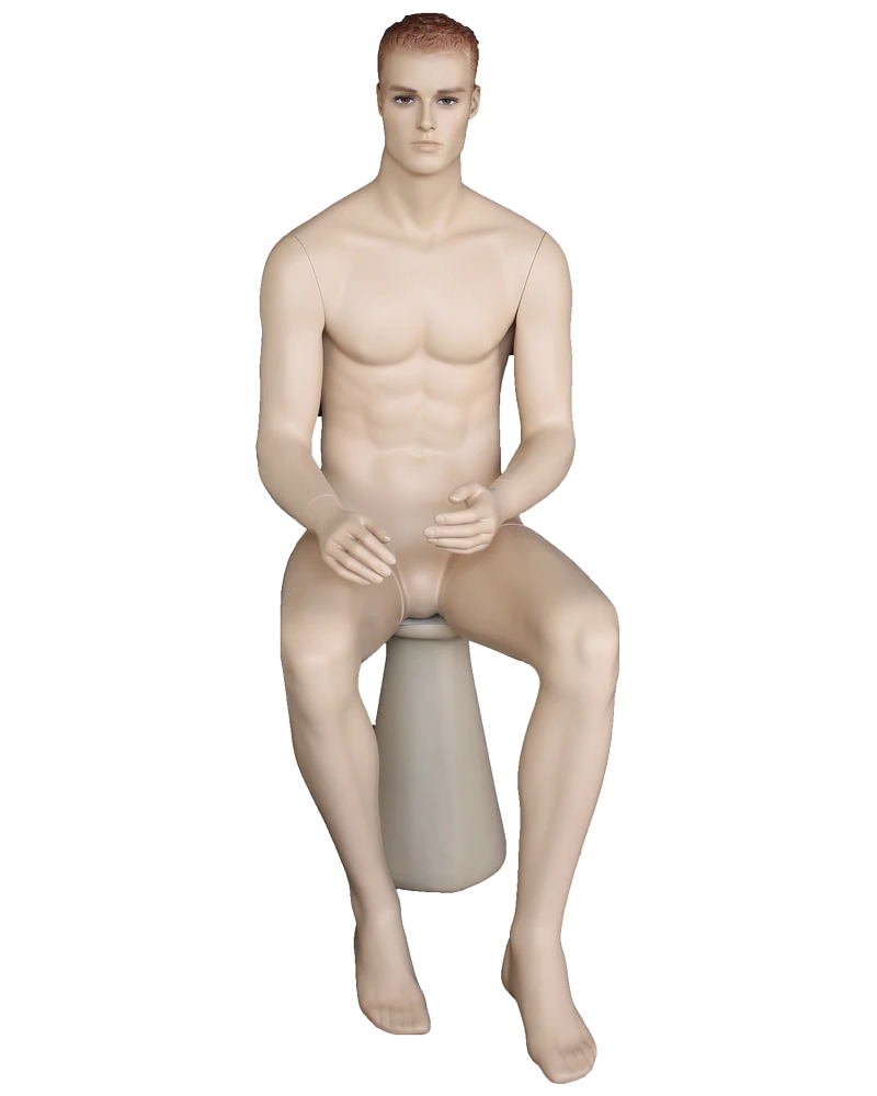 Seated realistic male mannequin with molded hair and face makeup in flesh tone, SFM8-FT