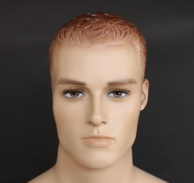 Seated realistic male mannequin with molded hair and face makeup in flesh tone, SFM8-FT