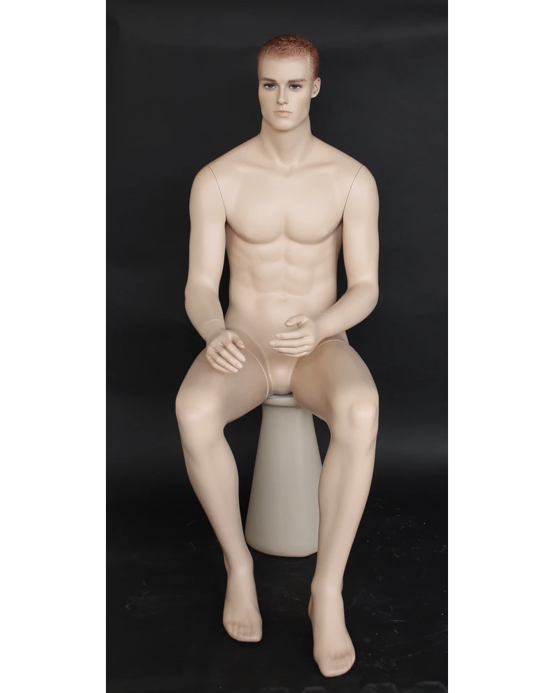 Seated realistic male mannequin with molded hair and face makeup in flesh tone, SFM8-FT