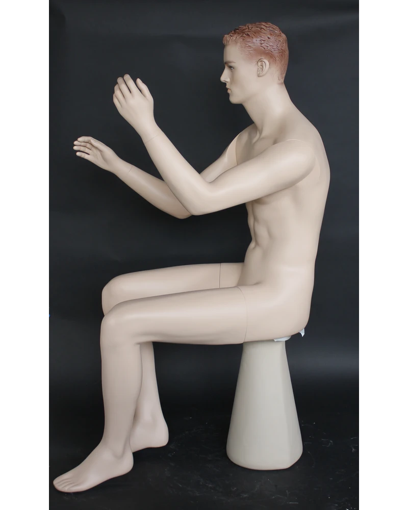 Seated realistic male mannequin with molded hair and face makeup in flesh tone, SFM8-FT