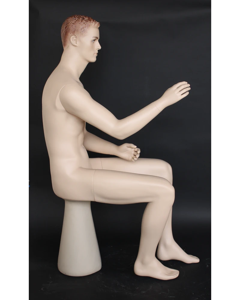 Seated realistic male mannequin with molded hair and face makeup in flesh tone, SFM8-FT
