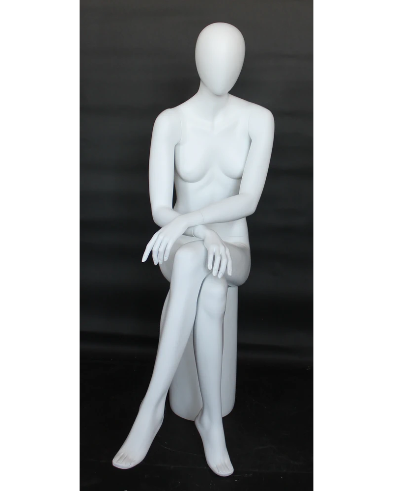 Crossed-leg sitting egghead female mannequin in matte white