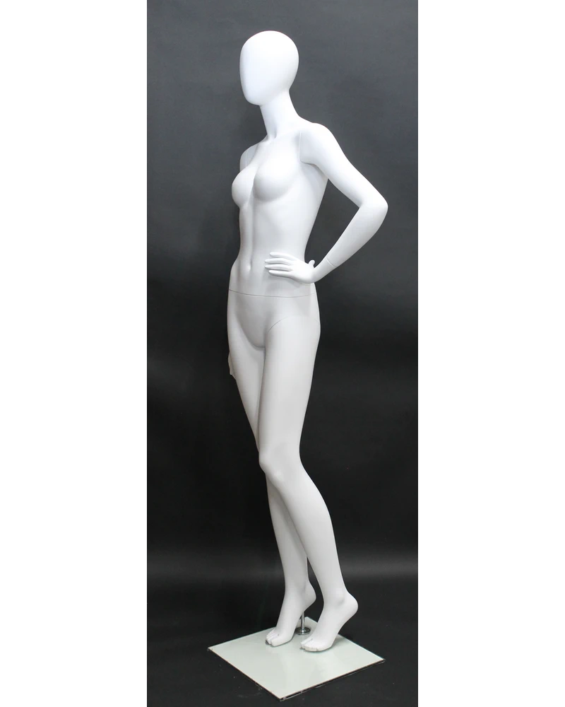 Casual hand-on-hip egghead female mannequin in matte white