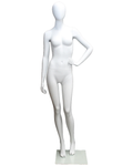 Casual hand-on-hip egghead female mannequin in matte white, front view