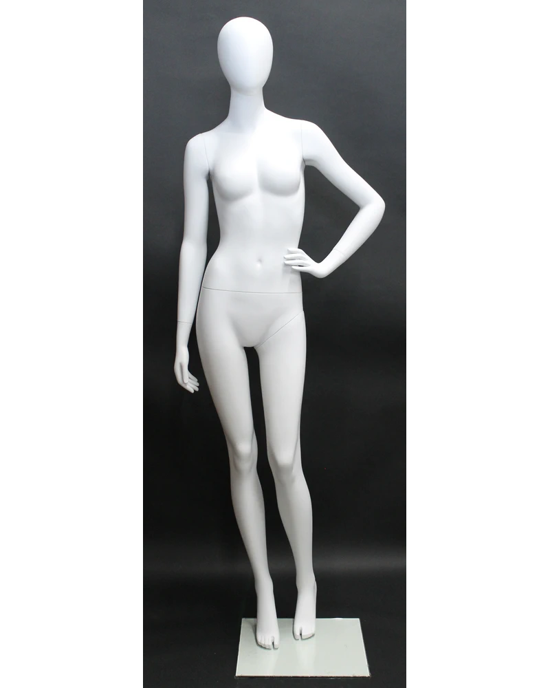 Casual hand-on-hip egghead female mannequin in matte white