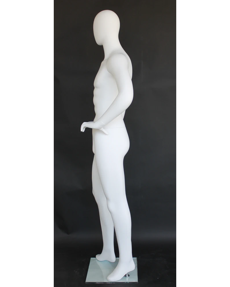 Hand-on-hip relaxed egghead male mannequin in matte white, SFM64E-WT
