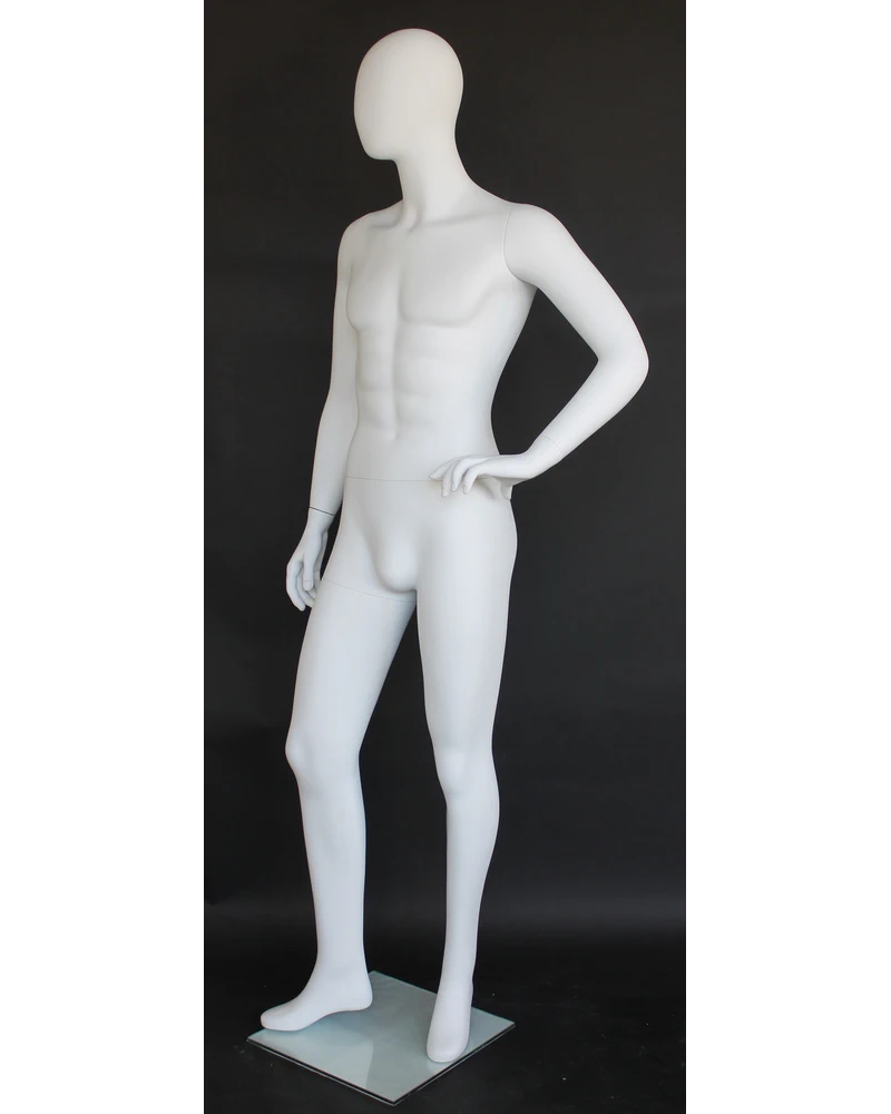 Hand-on-hip relaxed egghead male mannequin in matte white, SFM64E-WT