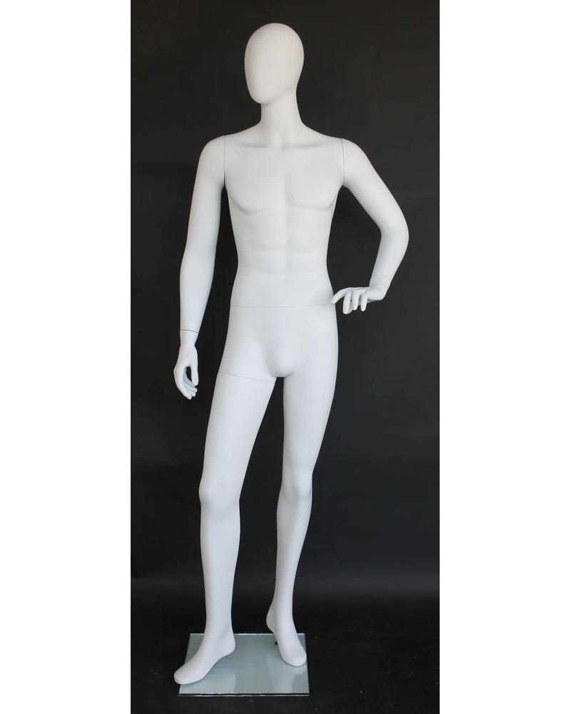 Hand-on-hip relaxed egghead male mannequin in matte white, SFM64E-WT