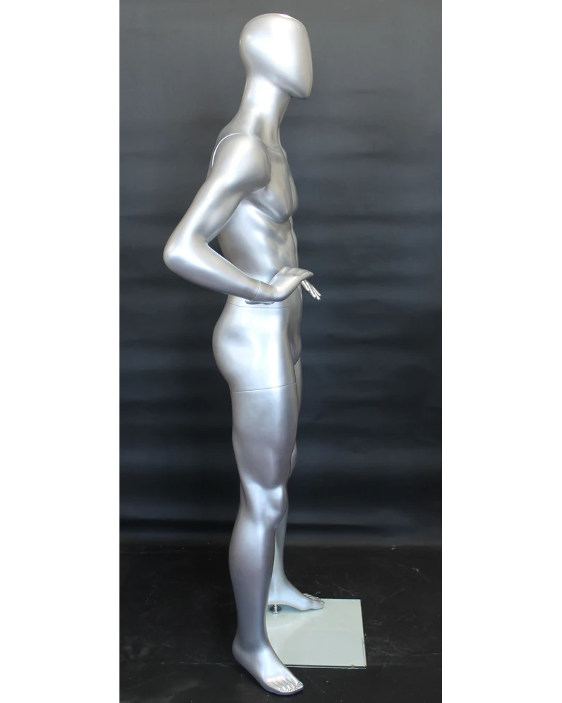 Hands-on-hips athletic egghead male mannequin in matte silver, SFM62E-ST