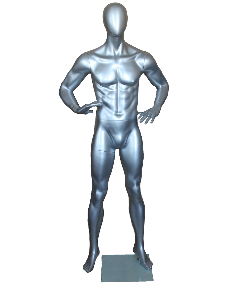 Hands-on-hips athletic egghead male mannequin in matte silver, SFM62E-ST