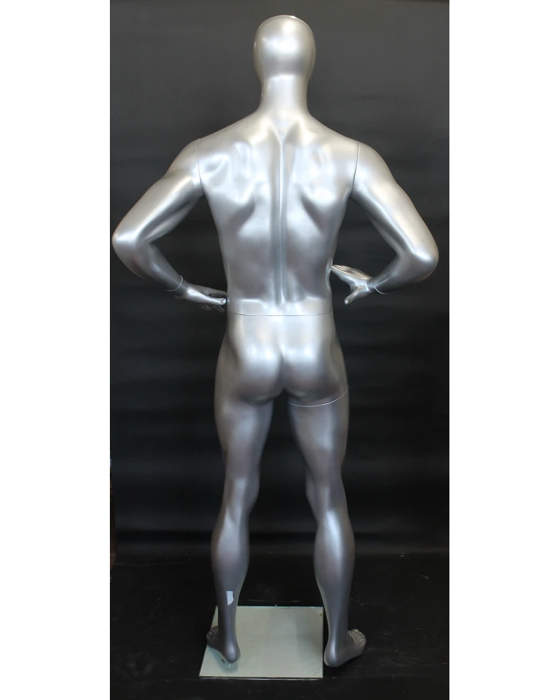 Hands-on-hips athletic egghead male mannequin in matte silver, SFM62E-ST