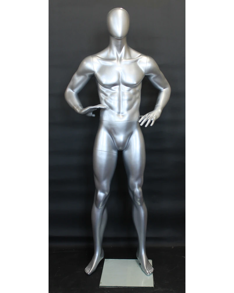 Hands-on-hips athletic egghead male mannequin in matte silver, SFM62E-ST
