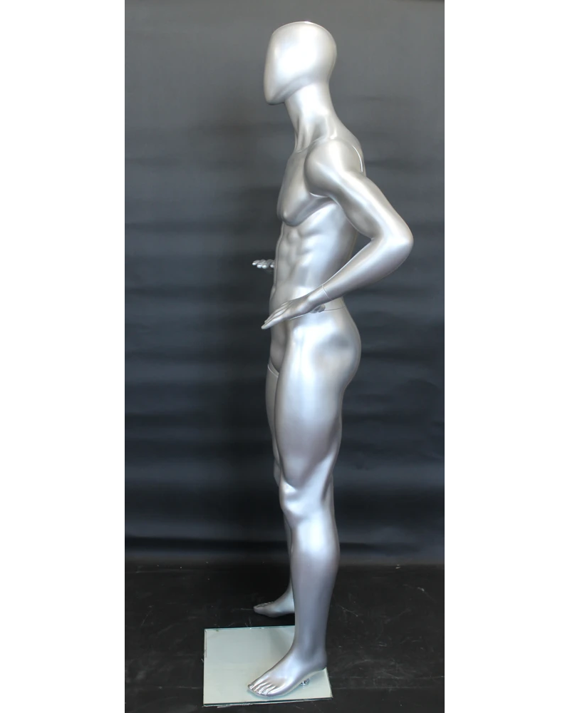 Hands-on-hips athletic egghead male mannequin in matte silver, SFM62E-ST