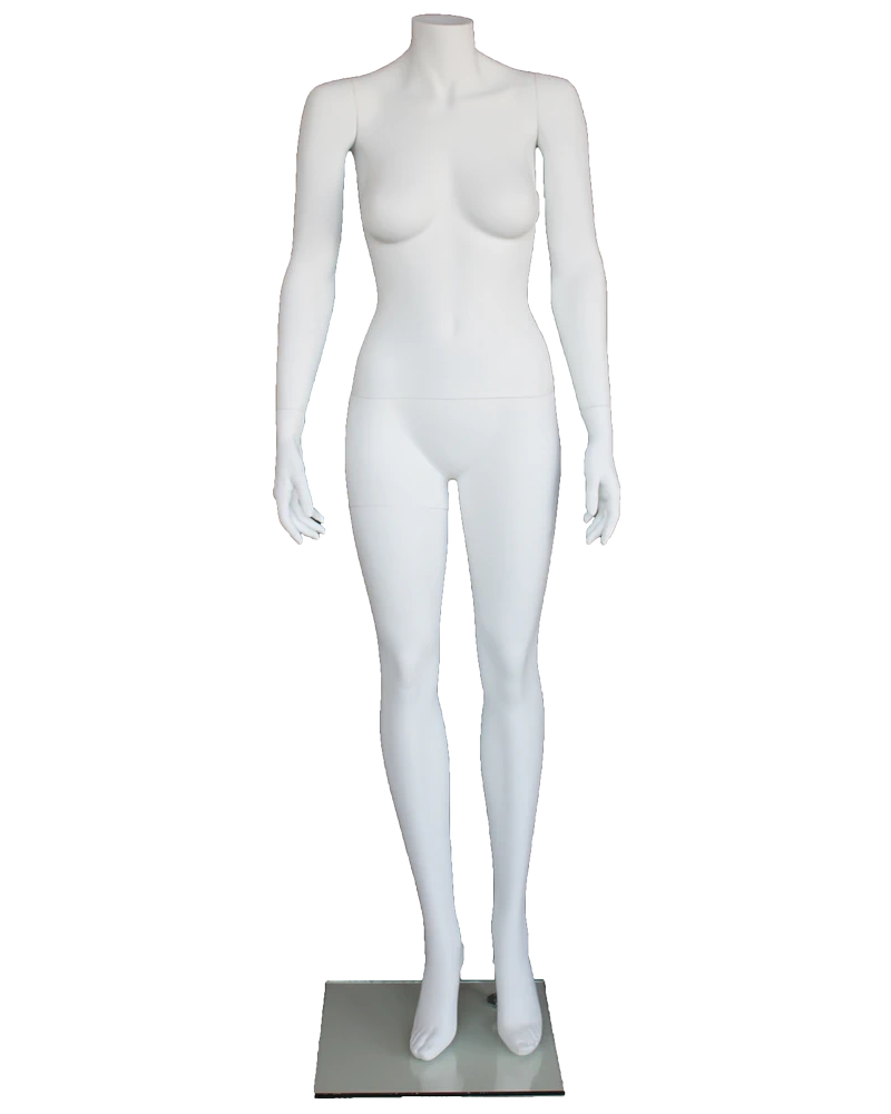Simple standing headless female mannequin in matte white