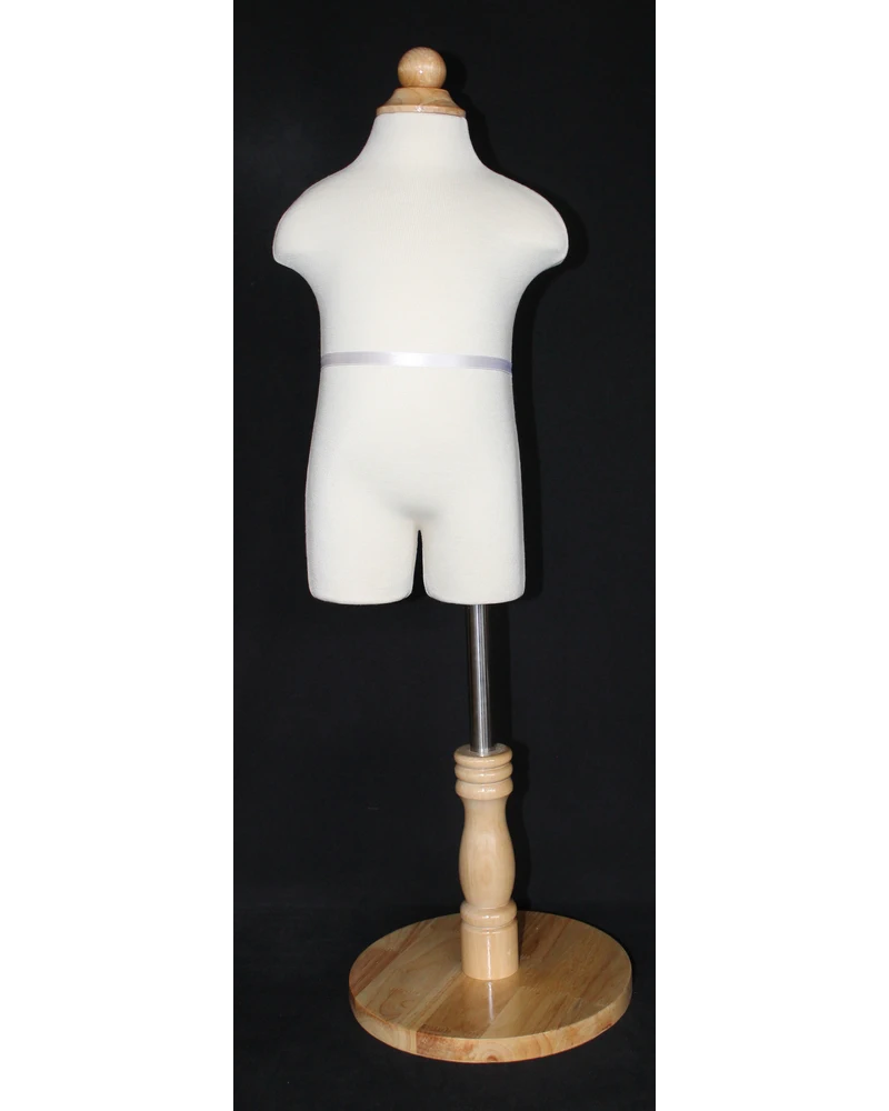 Size 1T/2T toddler dress form in cream white jersey with round wooden base, KID-KF1