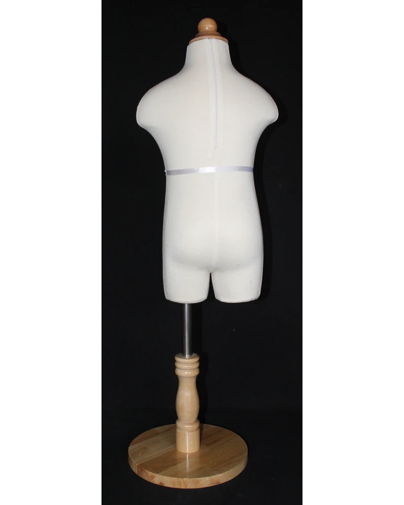 Size 1T/2T toddler dress form in cream white jersey with round wooden base, KID-KF1