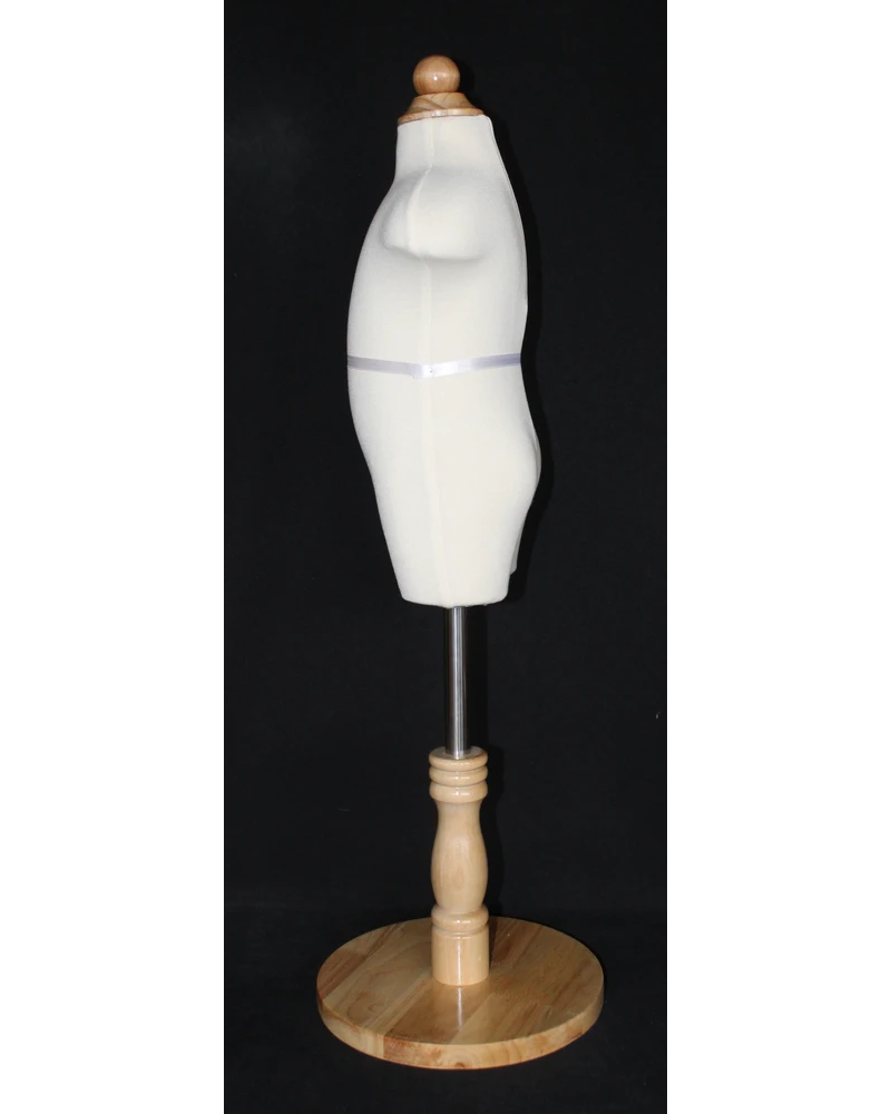 Size 1T/2T toddler dress form in cream white jersey with round wooden base, KID-KF1