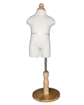Size 1T/2T toddler dress form in cream white jersey with round wooden base, KID-KF1