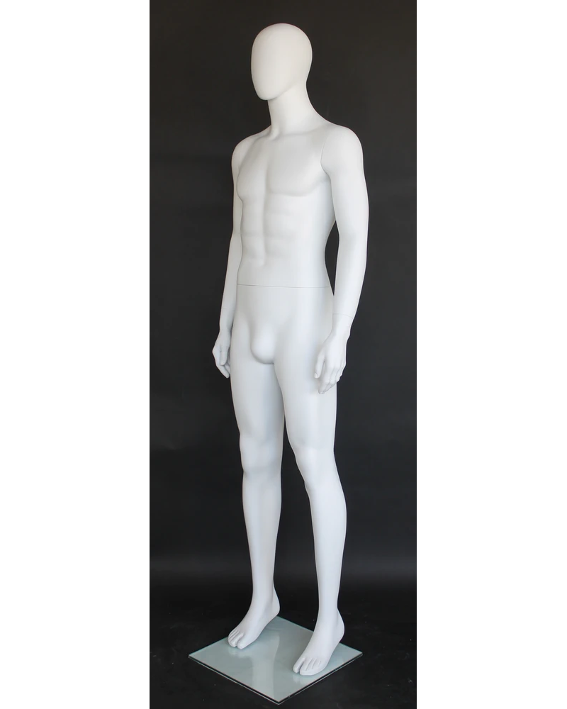 Straight-standing egghead male mannequin in matte white, SFM63E-WT