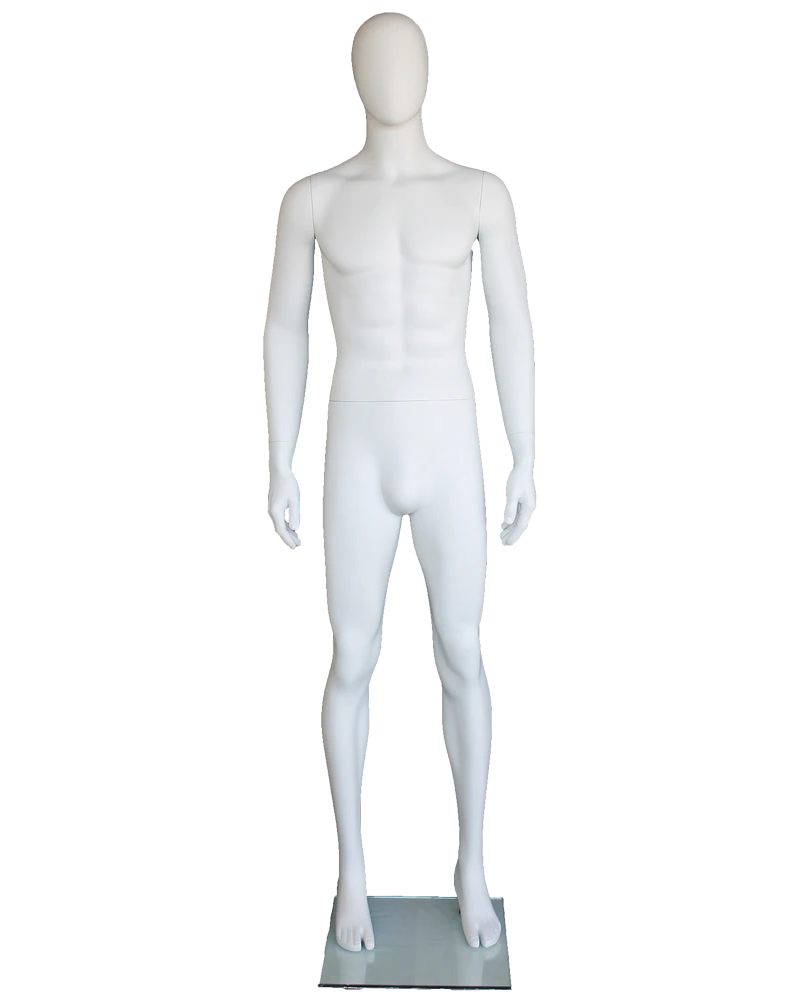 Straight-standing egghead male mannequin in matte white, SFM63E-WT