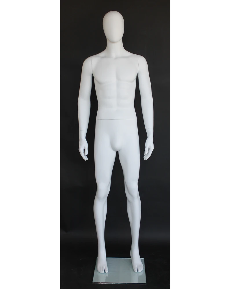 Straight-standing egghead male mannequin in matte white, SFM63E-WT