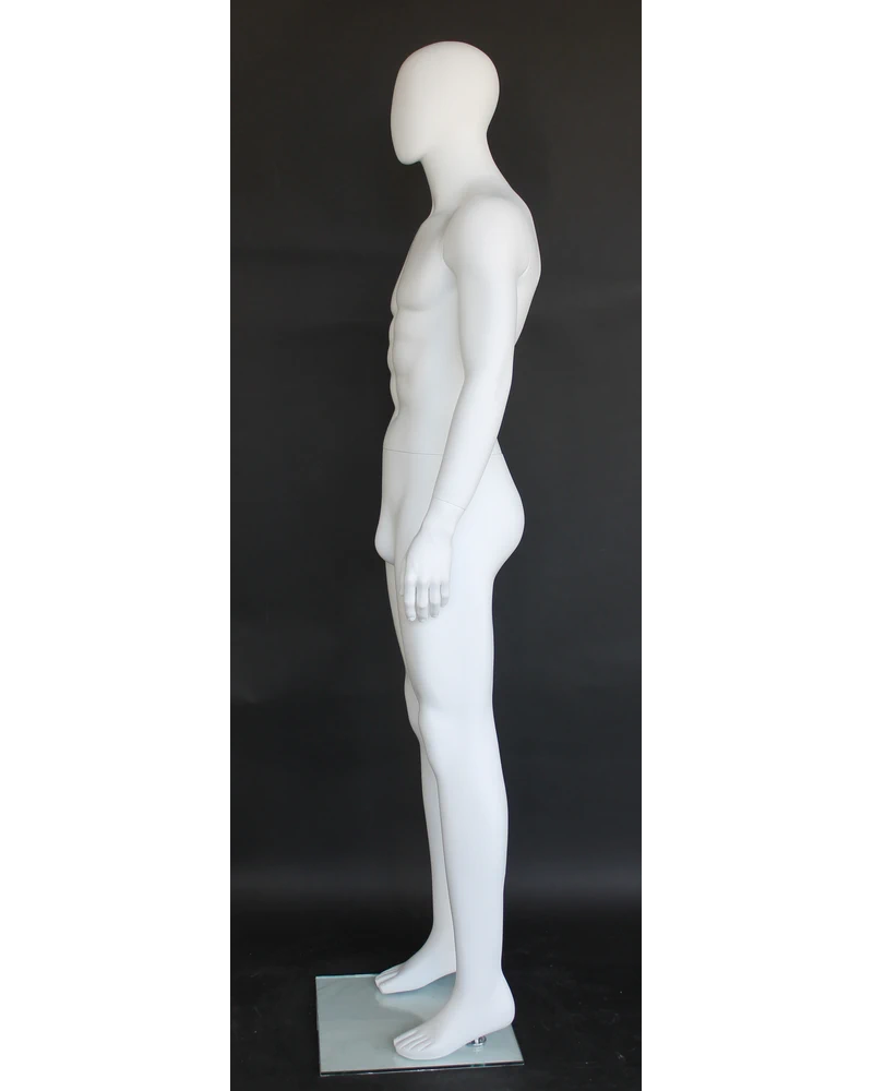 Straight-standing egghead male mannequin in matte white, SFM63E-WT
