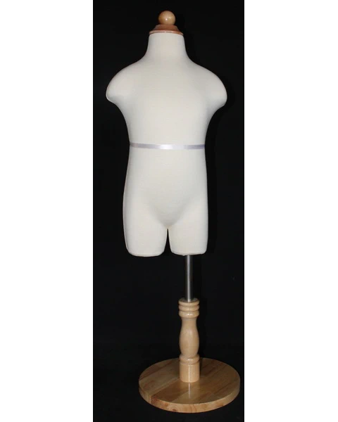 Size 3T/4T child dress form in cream white jersey with round wooden base, KID-KF3