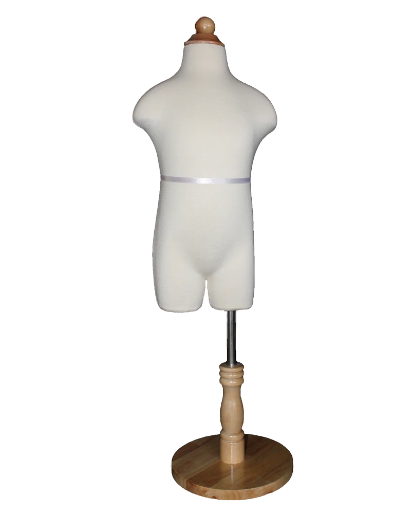 Size 3T/4T child dress form in cream white jersey with round wooden base, KID-KF3