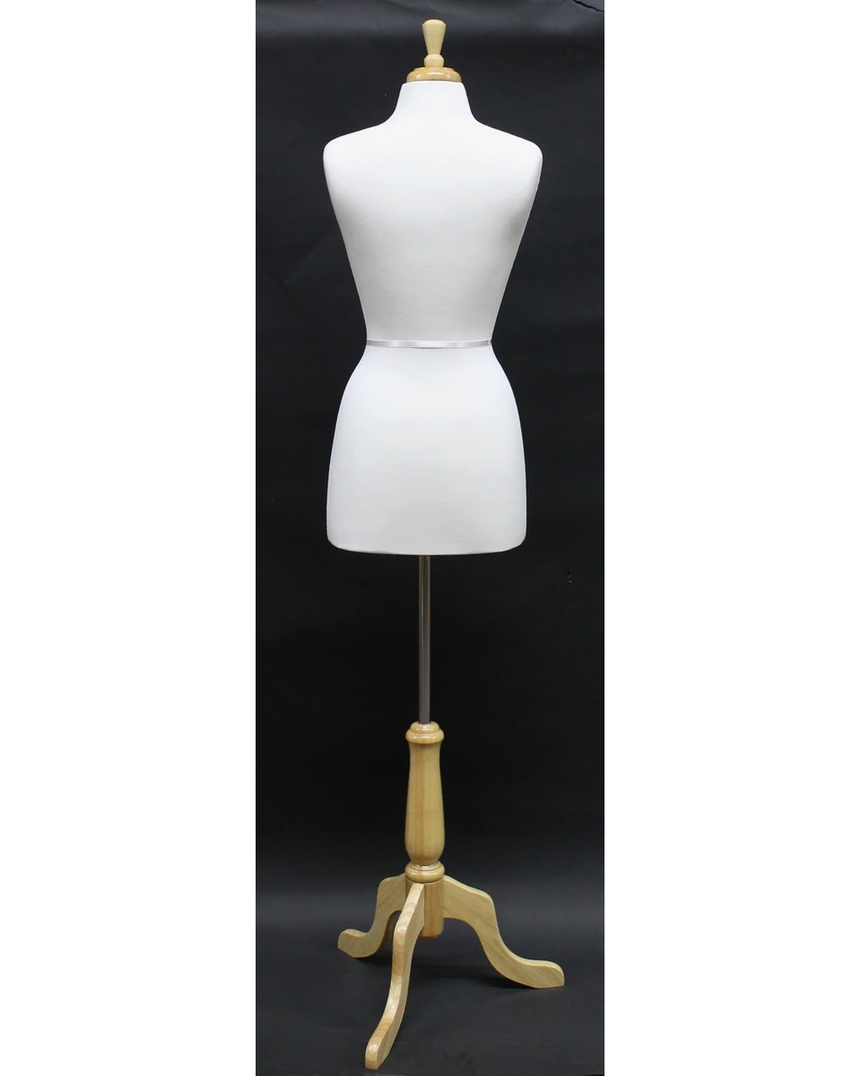 Size 4/6 premium female dress form with wooden tripod base in cream white jersey