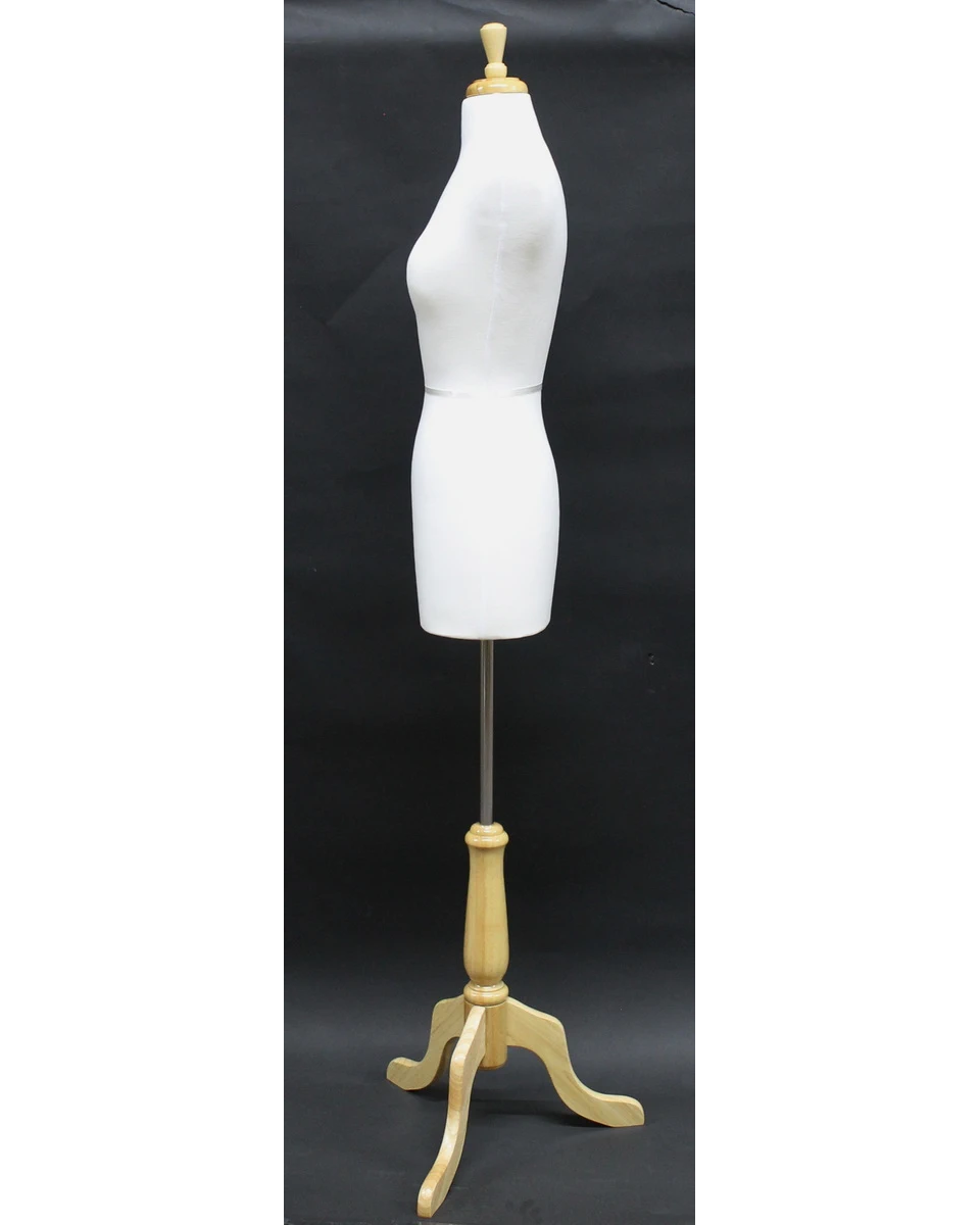 Size 4/6 premium female dress form with wooden tripod base in cream white jersey