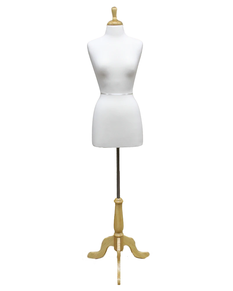 Size 4/6 premium female dress form with wooden tripod base in cream white jersey