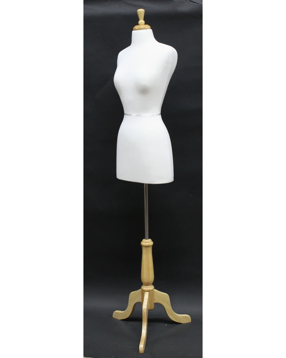 Size 4/6 premium female dress form with wooden tripod base in cream white jersey