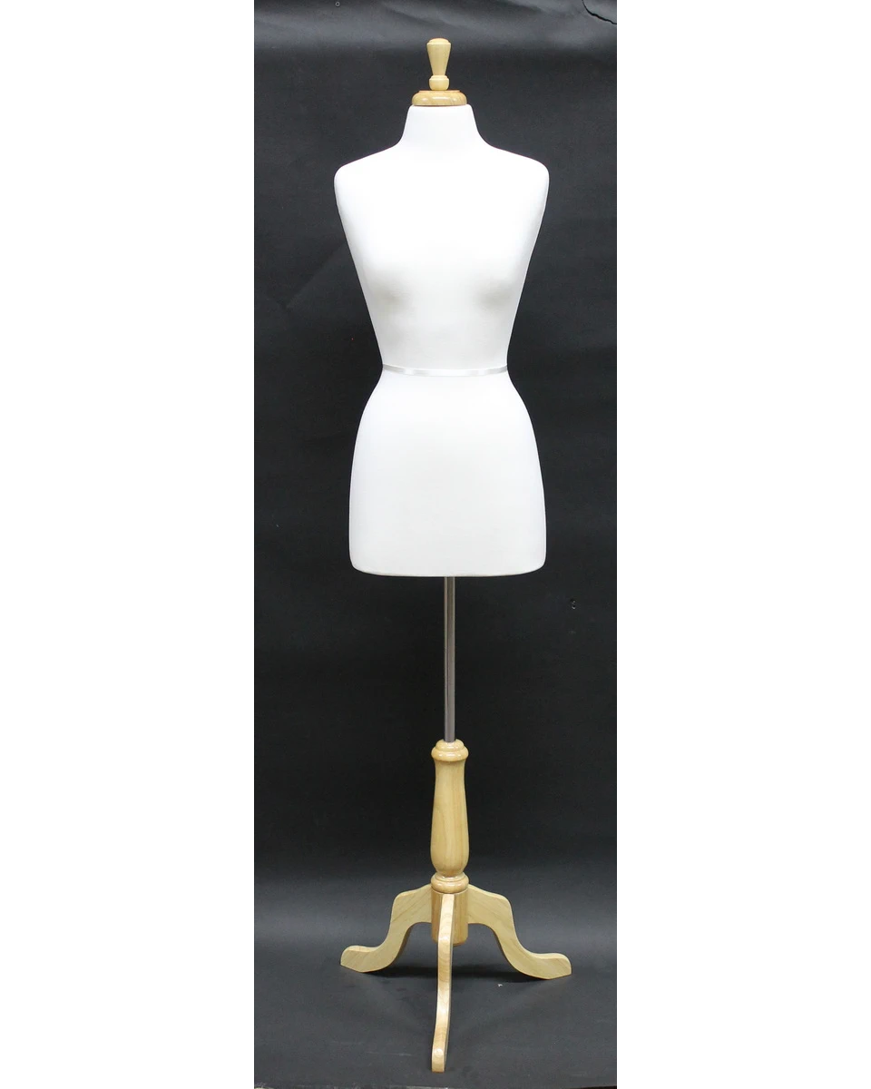 Size 4/6 premium female dress form with wooden tripod base in cream white jersey