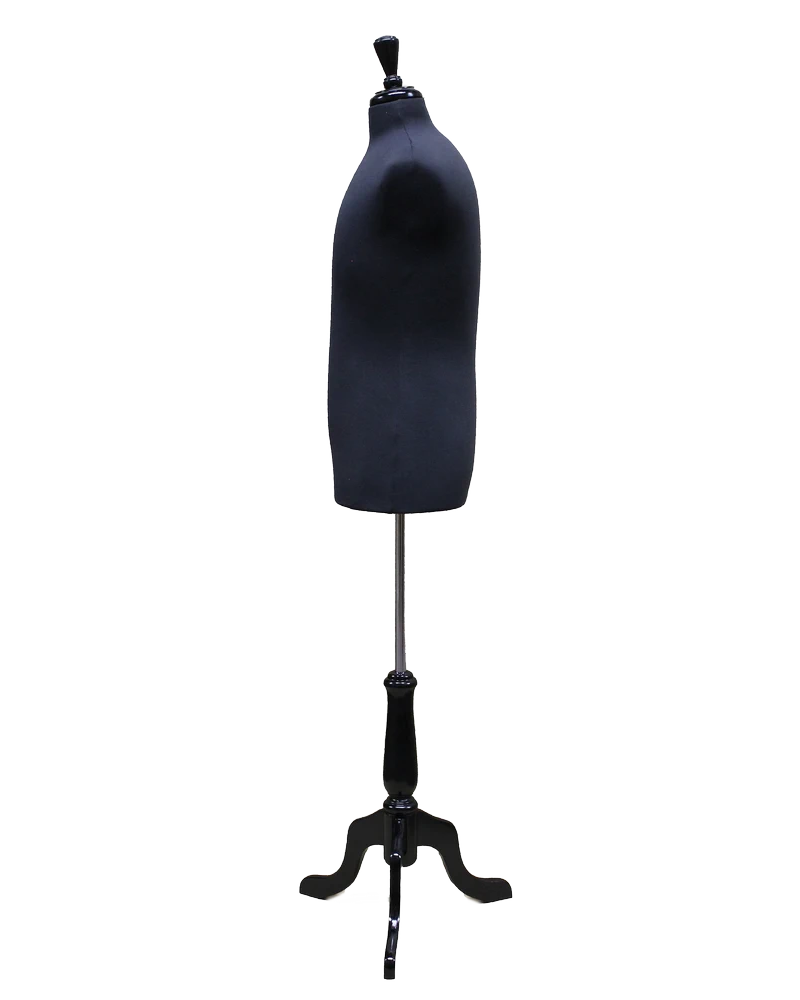 Size M male dress form with black wooden tripod base in black jersey