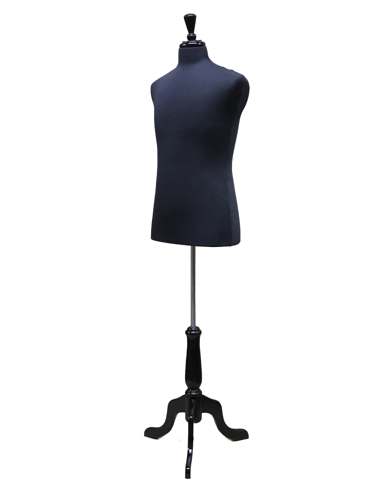 Size M male dress form with black wooden tripod base in black jersey