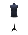 Size M male dress form with black wooden tripod base in black jersey