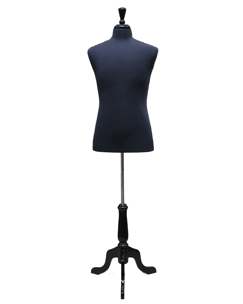 Size M male dress form with black wooden tripod base in black jersey
