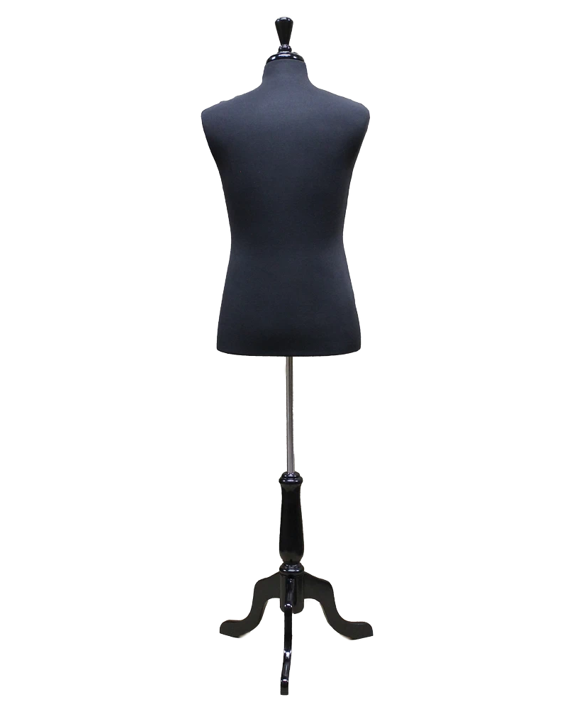 Size M male dress form with black wooden tripod base in black jersey