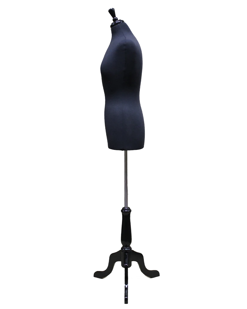 Size 8/10 female dress form with black wooden tripod base in black jersey