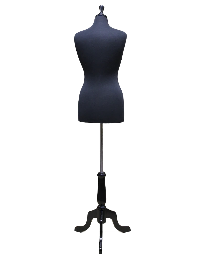 Size 8/10 female dress form with black wooden tripod base in black jersey