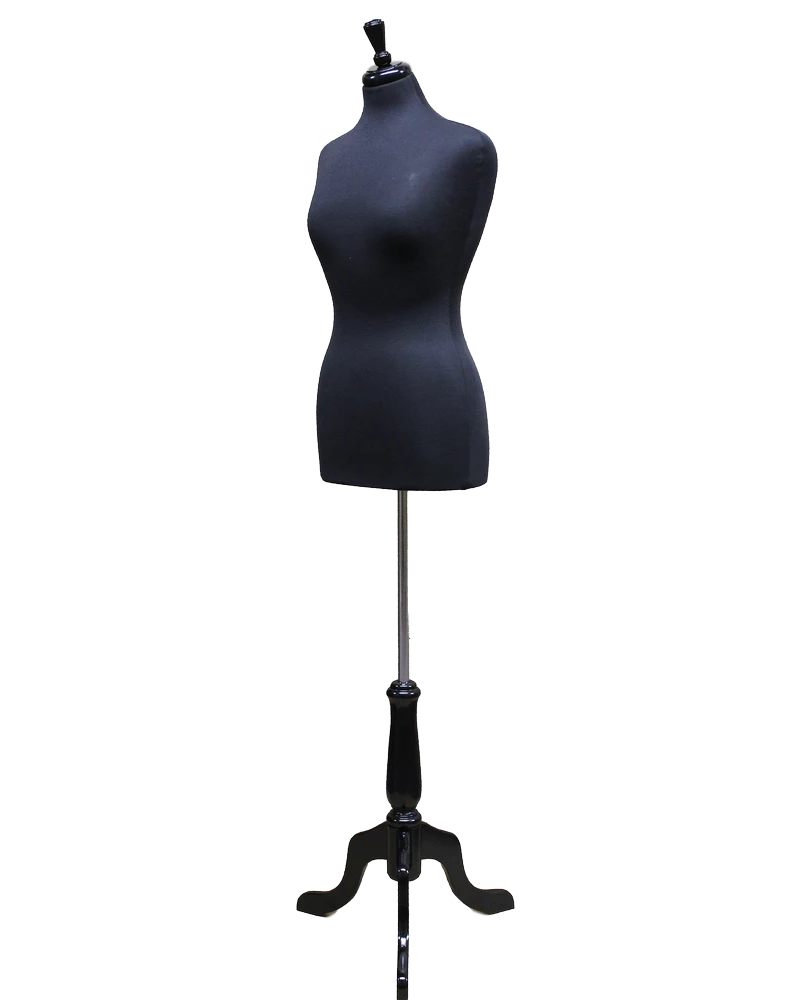 Size 8/10 female dress form with black wooden tripod base in black jersey