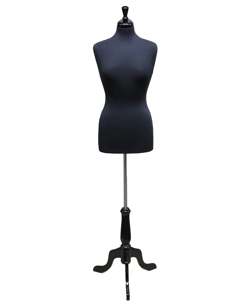Size 8/10 female dress form with black wooden tripod base in black jersey