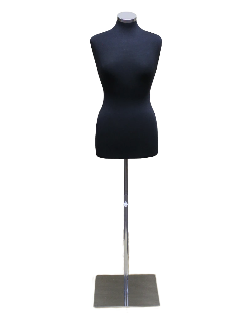 Size 8/10 female dress form with metal base in black jersey
